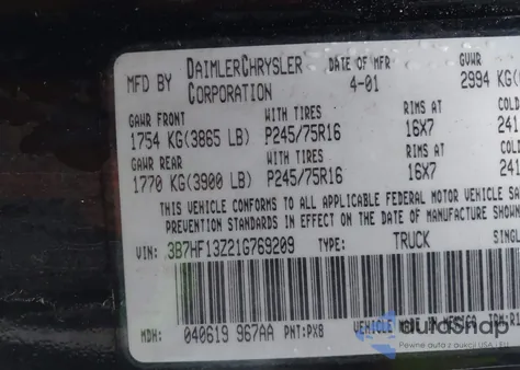 2001 Dodge Ram 1500 St из США, поврежденный, VIN 3B7HF13Z21G769209